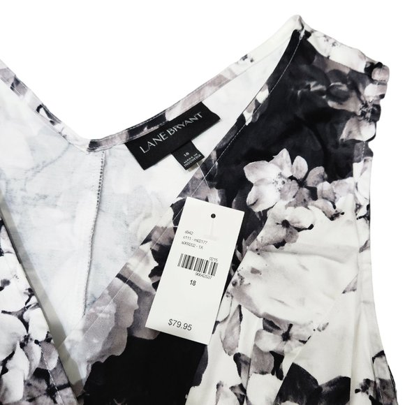 NWT Lane Bryant Black Gray White Floral Surplice Fit Flare Stretch w/ Belt 18 - Picture 8 of 10